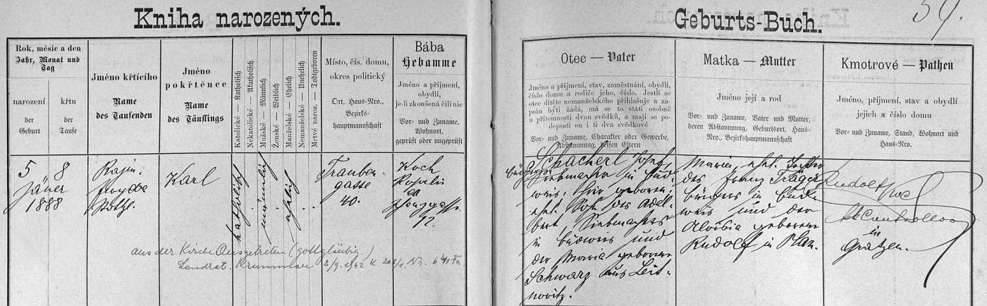 Záznam českobudějovické křestní matriky o jeho narození s pozdějším přípisem o jeho vystoupení z církve v "Krummau an der Moldau" roku 1942