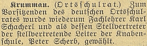 Zpráva o jeho zvolení předsedou českokrumlovské školní rady v roce 1937, jeho zástupcem se stal Peter Scherb