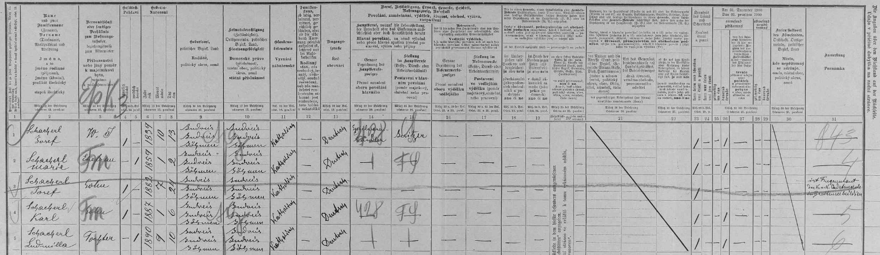 Arch sčítání lidu z roku 1900 pro dům čp. 40 v českobudějovické Hroznové ulici s rodinou Schacherlovou včetně syna Karla