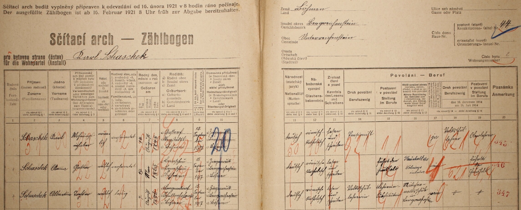 Arch sčítání lidu z roku 1921 pro stavení čp. 44 v Rejštejně