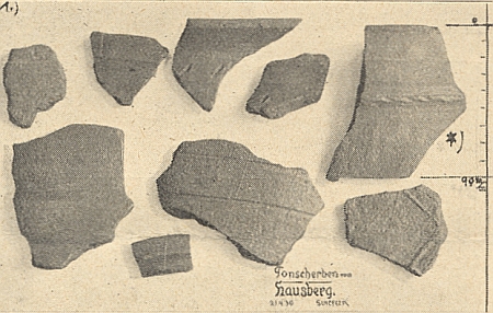 Dva snímky nálezů hliněných střepů z hory Hrad k jeho článku
v českobudějovickém měsíčníku Waldheimat