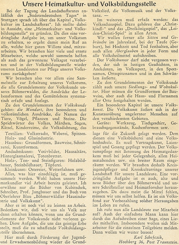 Jedna z mnoha jeho výzev k uchování šumavského kulturního dědictví na stránkách krajanského měsíčníku
- zde z roku 1952