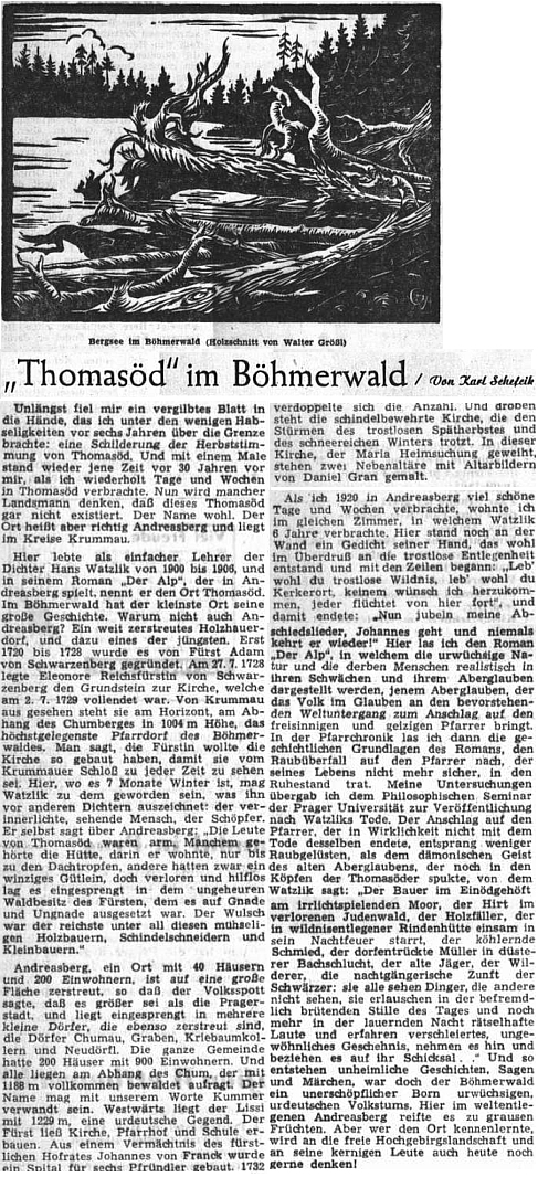 V listopadu 1952 otiskl ústřední orgán krajanského sdružení jeho vzpomínku na Ondřejov a tamní pobyt Hanse Watzlika, doprovázenou dřevorytem Waltera Grössla