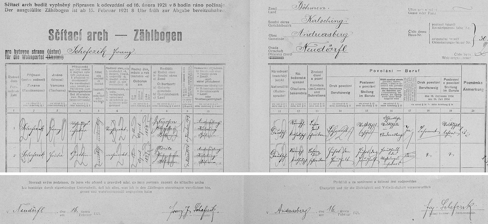 Jeho podpis na archu sčítání lidu v roce 1921
