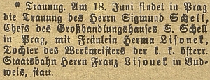 Oznámení o jeho pražské svatbě v českubudějovickém německém listu s chybně uvedeným křestním jménem