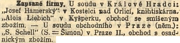 Zpráva o zápisu jeho pražské firmy - dnes bychom řekli do obchodního rejstříku