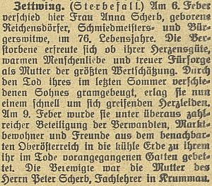 Zpráva o matčině smrti v Cetvinách na stránkách českobudějovického německého listu