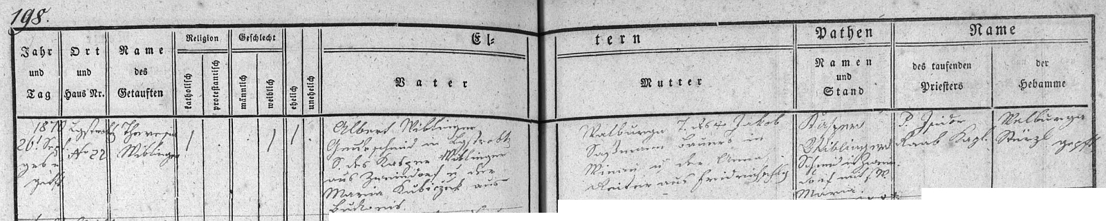 Záznam křestní matriky farní obce Horní Stropnice o narození jeho ženy v blízké Dlouhé Stropnici