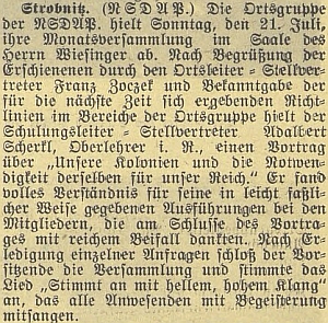 Stropnická místní skupina NSDAP uspořádala v roce 1940 jeho přednášku o německých koloniích