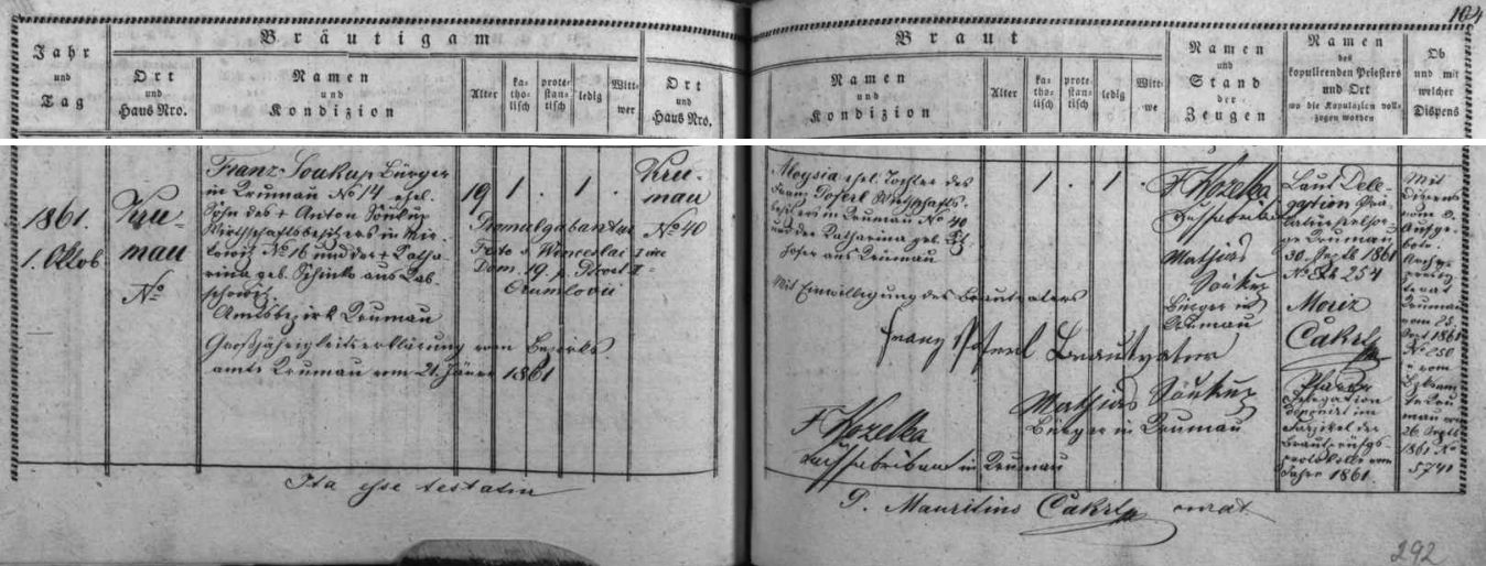 Záznam z oddací matriky farní obce Přídolí dosvědčuje svatbu děda z matčiny strany, tehdy devatenáctiletého, s Aloysií, roz. Poferlovou, jako svědek je tu v říjnu 1861 podepsán i českokrumlovský továrník Franz Wozelka