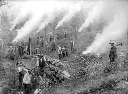 Práce v lese při Stögerově Huti na snímku Josefa Seidela, pořízeném 26. prosince roku 1923