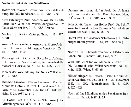 Výčet nekrologů provázejících Schiffkornův skon tvoří závěr soupisu jeho díla, který pořídil Aldemar Schiffkorn mladší