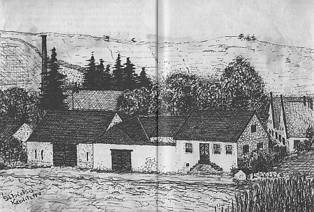 Kaplický dům č. 150 na "Pucheřské silnici", kde s rodinou žil, na jeho kresbě (viz i Josef Schicho "mladší")