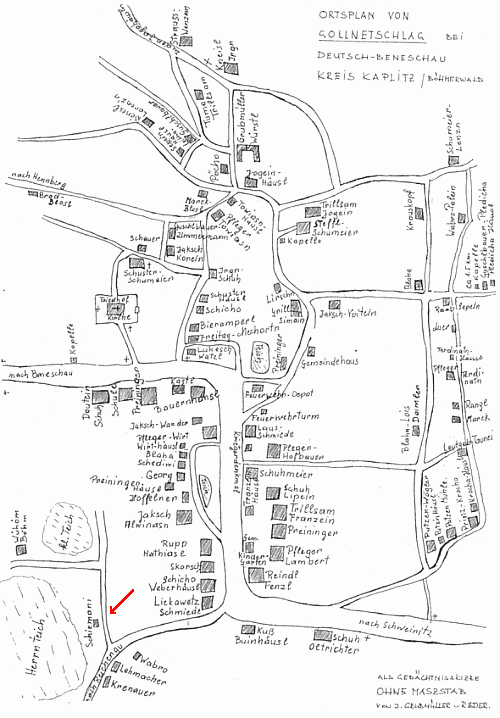 Plánek Klení, chalupa zvaná "Schiemani" je u rybníka "Herrnteich",
na mapách dnes označovaného jako Velký klenský