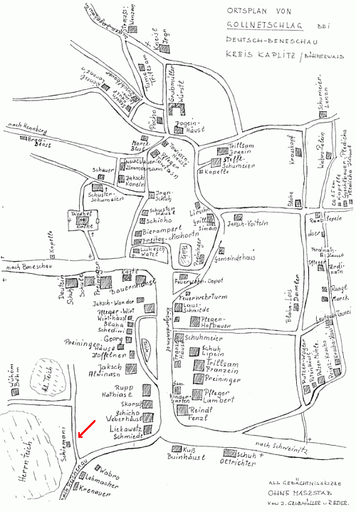 Plánek Klení, chalupa zvaná "Schiemani" je u rybníka "Herrnteich",
na mapách dnes označovaného jako Velký klenský