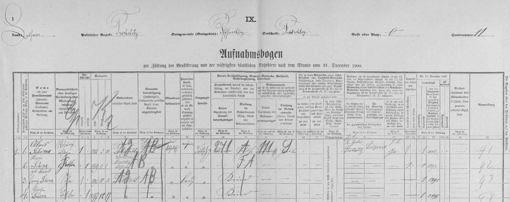 Arch sčítání lidu z roku 1900 pro stavení čp. 11 v Perlovicích s tehdy pětiletým Franzem, jeho rodiči a sestrou Theresií