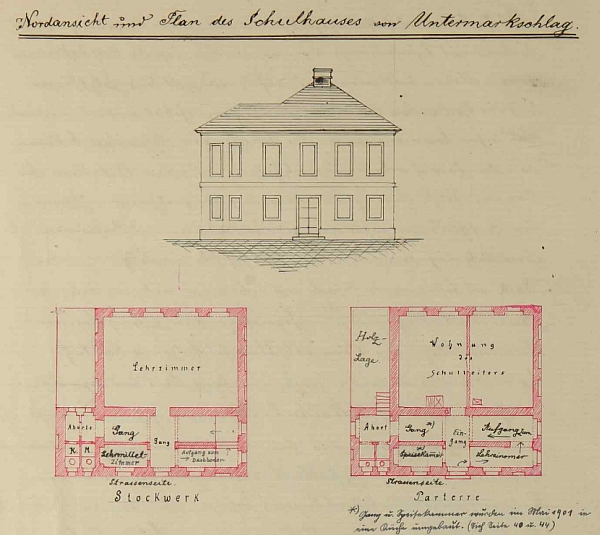 Takto byla školní budova v Dolním Markschlagu zakreslena ve školní kronice (viz i Alois Sonnleitner)