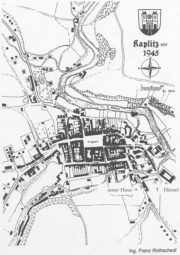 Plán Kaplice před rokem 1945 s vyznačením polohy domu Schichových