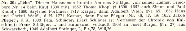 Rodný dům čp. 39, zvaný "Lebn" - toto jméno si Andreas Schläger, který dům koupil roku 1830,
přinesl s sebou ze svého původního bydliště ve Frymburku čp. 14