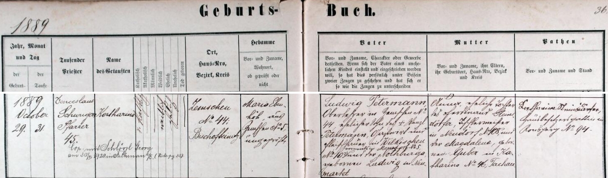 Záznam křestní matriky farní obce Dubec o narození jeho ženy Kathariny (s pozdějším přípisem o její svatbě s ním dne 30. srpna roku 1920 ve Falknově nad Ohří /dnešní Sokolov/) v Třemešném na Šumavě čp. 44 - její otec Ludwig Petermann, syn Wenzla Petermanna, hostinského a řezníka ve si Vlkýš (Wilkischen) čp. 10, předtím ve vsi Jedvaniny (Mensdorf) čp. 5 (dnes je Vlkýš částí obce Heŕmanova Huť a Jedvaniny jsou částí obce Nečtiny), a Nothburgy, roz. Ludwigové z města Úterý (Neumarkt), byl v Třemešném řídícím učitelem, její matka Anna, roz. Steinsdörferová, byla dcerou truhlářského mistra v Nové Vsi (Neudorf) čp. 108 Ferdinanda Steinsdörfera a Magdaleny, roz. Guberové ze Svaté Kateřiny (zde psáno "in Katharina") čp. 46, kmotrou dítěte se pak stala Katharina Steinsdörferová, choť majitele domu v Ronšperku (dnes Poběžovice) čp. 94