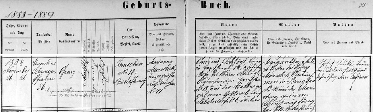 Záznam křestní matriky farní obce Dubec o jeho narození v Třemešném na Šumavě čp. 18, kde hospodařil se svou ženou Margarethou, dcerou výminkáře Georga Marschika z Bezděkova (Pössigkau) čp. 40 a jeho ženy Marie Anny, roz. Schlöglové z Bezděkova čp. 10 (Bezděkov je dnes částí obce Třemešné na Šumavě) Georgův otec Andreas Schlögl, syn Adama Schlögla a Walburgy, roz. Goblirschové z Pavlíkova (Pabelsdorf) čp. 6 (Pavlíkov je dnes rovněž jen částí obce Třemešné na Šumavě), kteří na stavení čp. 18 hospodařili předtím - pozdějí přípis nás pak zpravuje o svatbě Georga Schlögla dne 30. srpna 1920 ve Falknově nad Ohří (dnešní Sokolov) s Katharinou, roz. Petermannovou