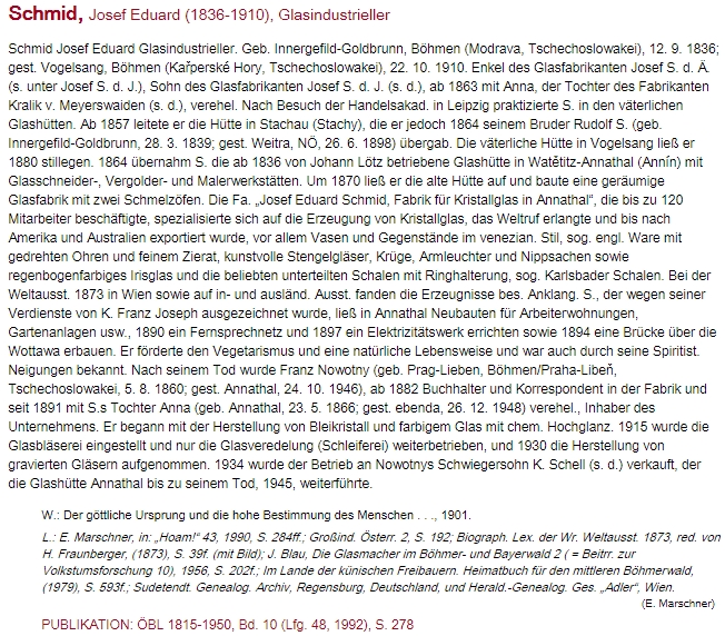 Jeho heslo v rakouském životopisném lexikonu pod jménem Josef Eduard Schmid
a s chybným českým označením místa narození (namísto Zlaté Studny se tu uvádí Modrava a namísto Podlesí "Kařperské Hory" /!/)