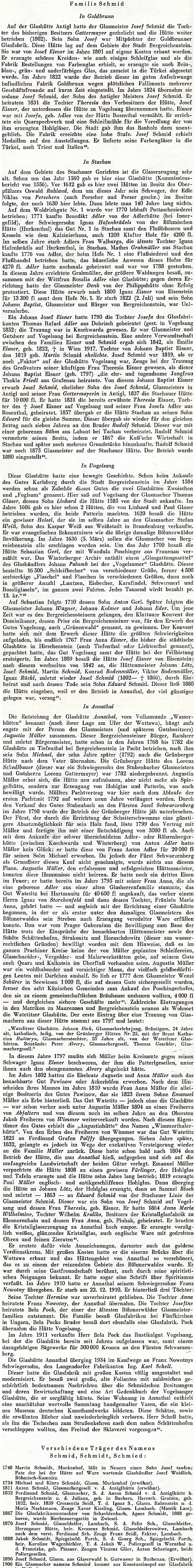 O sklářské rodině Schmidových na Zlaté Studni, ve Staších, Vogelsangu a Anníně na stránkách rodopisné knihy Josefa Blaua