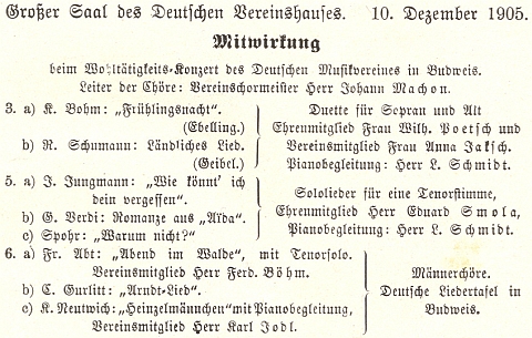 První zřejmě jeho účastí na akcích Deutsche Liedertafel byl klavírní doprovod dobročinného koncertu v Německém domě, kde se vedle skladeb Schumanna či Verdiho uváděla třeba i píseň Jaroslava Jungmanna