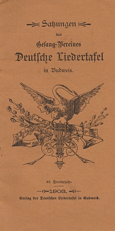 Obálka (1903) stanov pěveckého sdružení Deutsche Liedertafel v Českých Budějovicích s jeho emblémem z roku 1856, kdy tu bylo založeno