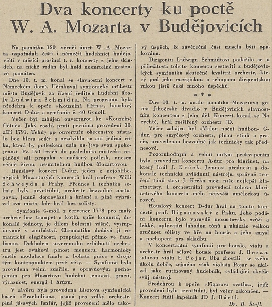 Referát protektorátního českobudějovického listu o koncertech ke 150. výročí úmrtí W. A. Mozarta v Německém domě, kde účinkoval pod Schmidtovým vedením symfonický orchestr města Budějovic a Willy Schweyda ti přednesl Mozartův houslový koncert D-dur