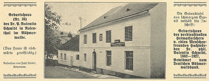 Rodný dům v Rožmitále na Šumavě, než tam byl v padesátých letech dvacátého století zbořen