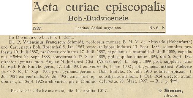 Zpráva o jeho úmrtí v ordinariátním listu českobudějovické diecéze