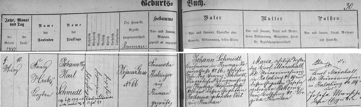 Záznam českokrumlovské křestní matriky o narození otcově 9. března roku 1887 na adrese Kájovská ulice čp. 66 (dnes je v tom domě hotel a restaurace Na Louži), z něhož vysvítá, že Johann Nepomuk Karl Schmidt byl synem zdejšího obchodníka Johanna Schmidta (syna Vinzenze Schmidta a Kathariny, roz. Veitové) a Marie, roz. Marschallové z Chvalšin čp. 119, den po narození ho v kostele sv. Víta pokřtil kaplan František Hrubeš (1851-1927), rodák z Chlumu u Křemže a autor česky psané modlitební knihy, pozdější přípis pak uvádí datum svatby Johanna Karla Schmidta s Karoline Schönauerovou