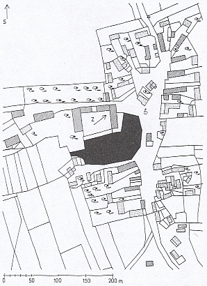 Plánek Darmyšle z roku 1838 s černě vyznačeným půdorysem zámku
