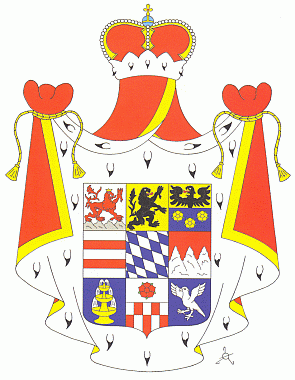 Erb knížecího rodu Löwenstein-Wertheim-Rosenberg, v jehož názvu i symbolice se připomíná také rožmberské "dědictví", v
rodokmenu pak najdeme i poslední českou královnu Zitu Habsburskou (1892-1989)