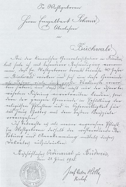 Pochvalný list českobudějovického biskupa Hůlky řídícímu učiteli Engelbertu Schmidovi v Bučině z června 1915 za téměř 40 let tamního pedagogického působení