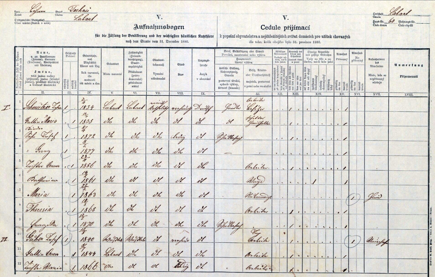 Arch sčítání lidu z roku 1880 pro stavení čp. 68 v Labuti, kde už je s datem narození 8. února 1877 zaznamenán i Ernstův děd Georg Schmutzer (viz i Marianne Gäblerová)