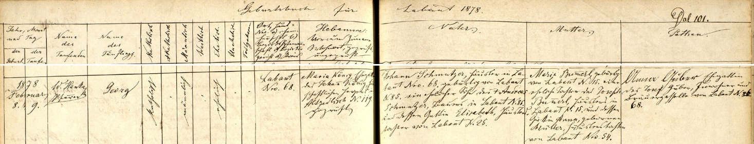 Záznam křestní matriky farní obce Bohuslav o narození dědově v roce 1878, nikoli tedy o rok dříve, jak uvedeno na archu sčítání lidu z roku 1880
