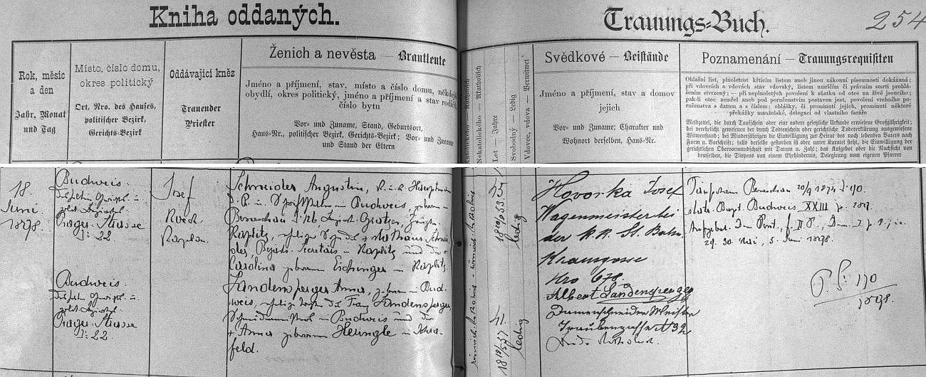 V červnu 1898 se podle českobudějovické "knihy oddaných" Augustin Schneider, jak je tu psán křestním jménem, oženil s Annou, roz. Landenspergerovou, jejich syn Josef se jim však narodil už roku 1881