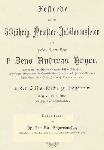 Titulní list (1895) slavnostního projevu
 ke kněžskému jubileu Zeno Hoyera