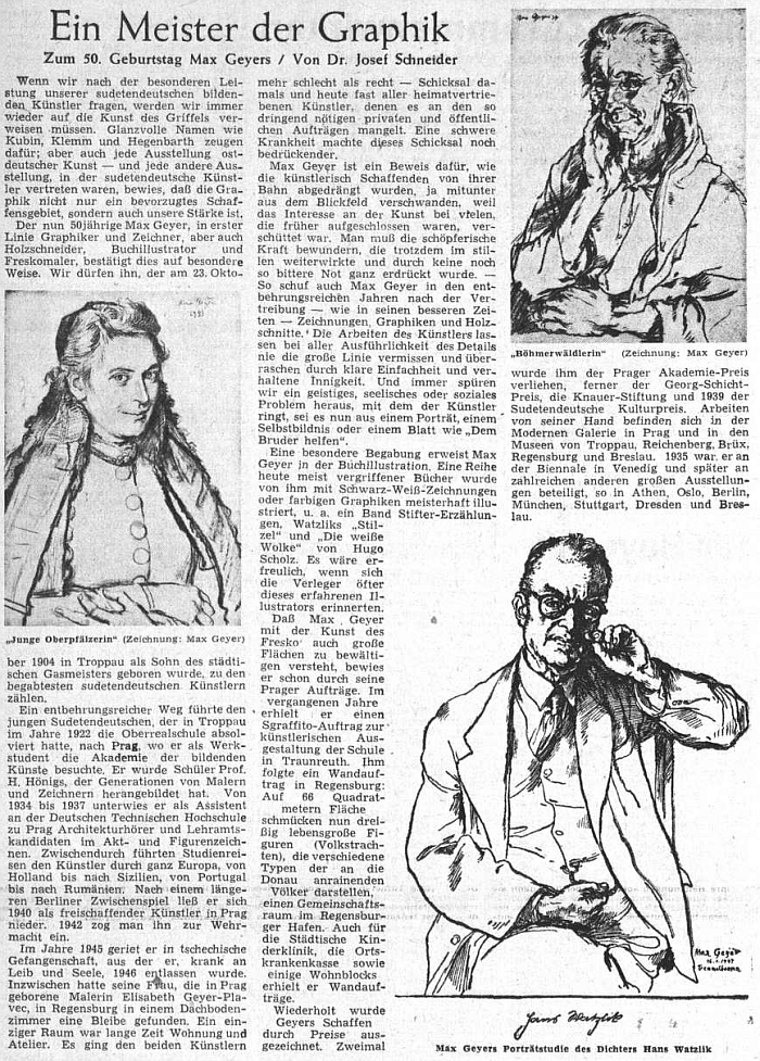 K padesátinám grafika Maxe Geyera otiskl Sudetendeutsche Zeitung jeho článek i s reprodukcemi Geyerových kreseb "Žena ze Šumavy" a Hans Watzlik