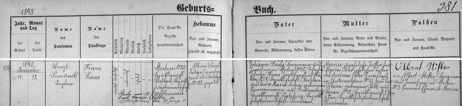 Záznam hornoplánské matriky o narození otcově s přípisem o svatbě Johanniných rodičů