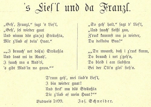 Jeho datovaná nářeční báseň z prvého ročníku časopisu Der Böhmerwald (1899)