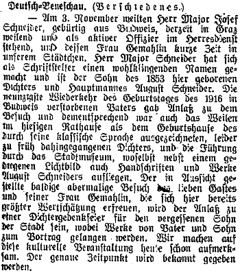 Českobudějovický německý list přinesl v listopadu 1943 zprávu o návštěvě "majora Schneidera" v rodném otcově Německém Benešově