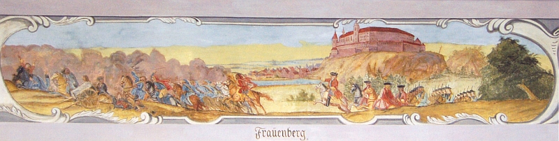 Velký sál zámku v Horažďovicích uchovává veduty Budějovic, Hluboké a Zahájí z časů válek o rakouské dědictví, jak je popisuje i Schneider ve své pamětní knize