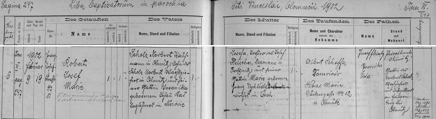 Záznam o jeho narození v křestní matrice olomoucké farnosti při katedrále sv. Václava s přípisem o svatbě