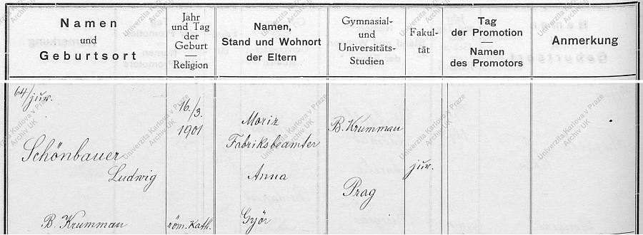 Záznam v matrice doktorů pražské německé univerzity