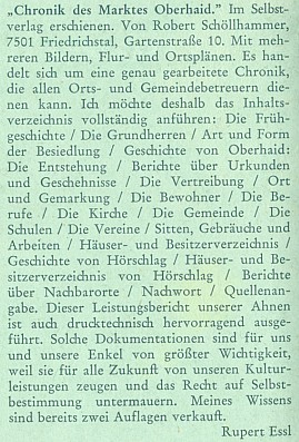 Zpráva o jeho kronice, jak ji publikoval Rupert Essl na obálce měsíčníku Hoam v létě 1973