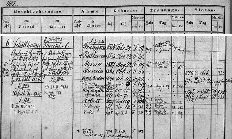 Z abecedního rodového registru farní obce Horní Dvořiště vysvítá datum jeho narození 29. září roku 1899 v rodině Andrease Schöllhammera, hornodvořišťského měšťana na čp. 68 (jeho otec Josef bydlel tamtéž, matka Magdalena, roz. Pilsová, pocházel z dnes zaniklých Sejfů /Seiften/, obce ležící podél cesty z Vyššího Brodu do Rybníka), a jeho ženy Theresie, dcery "měšťanského" hamerníka na čp. 84, a Theresie, roz. Auerové, z téhož čísla popisného v Horním Dvořišti - dopsáno je i datum Robertovy svatby s Paulou, roz. Holzhaiderovou, dne 10. února roku 1930