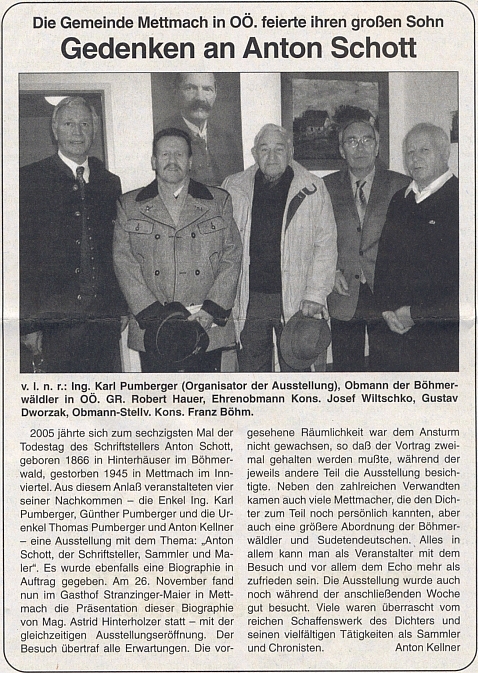 Připomínka 60. výročí jeho úmrtí ve čtrnáctideníku rakouského krajanského sdružení - ten prostřední z pěti mužů na snímku zachycených je Josef Wiltschko (1923-2007), v letech 1986-2004 předseda hornorakouského sdružení Verband der Böhmerwäldler
